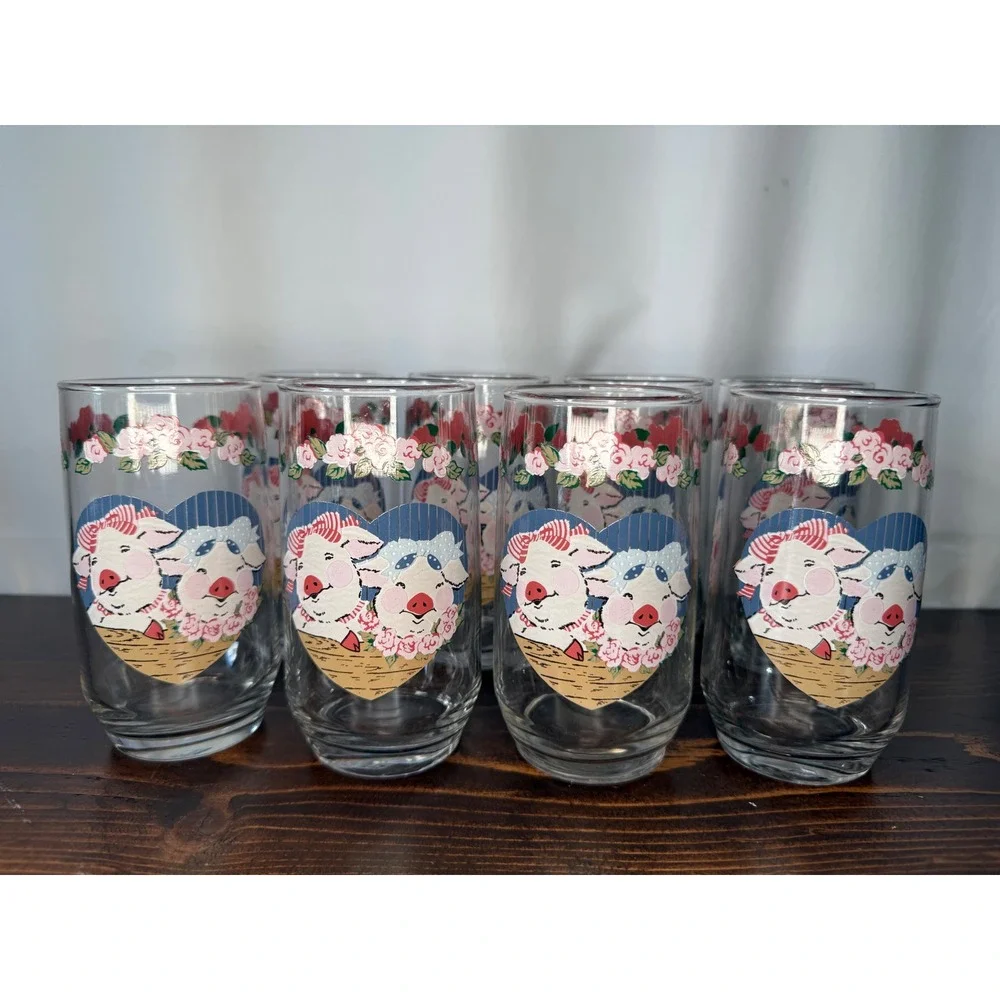 VTG Tienshan Anchor Hocking Pig Pal Glasses Set of 8 Country Tumblers 12oz